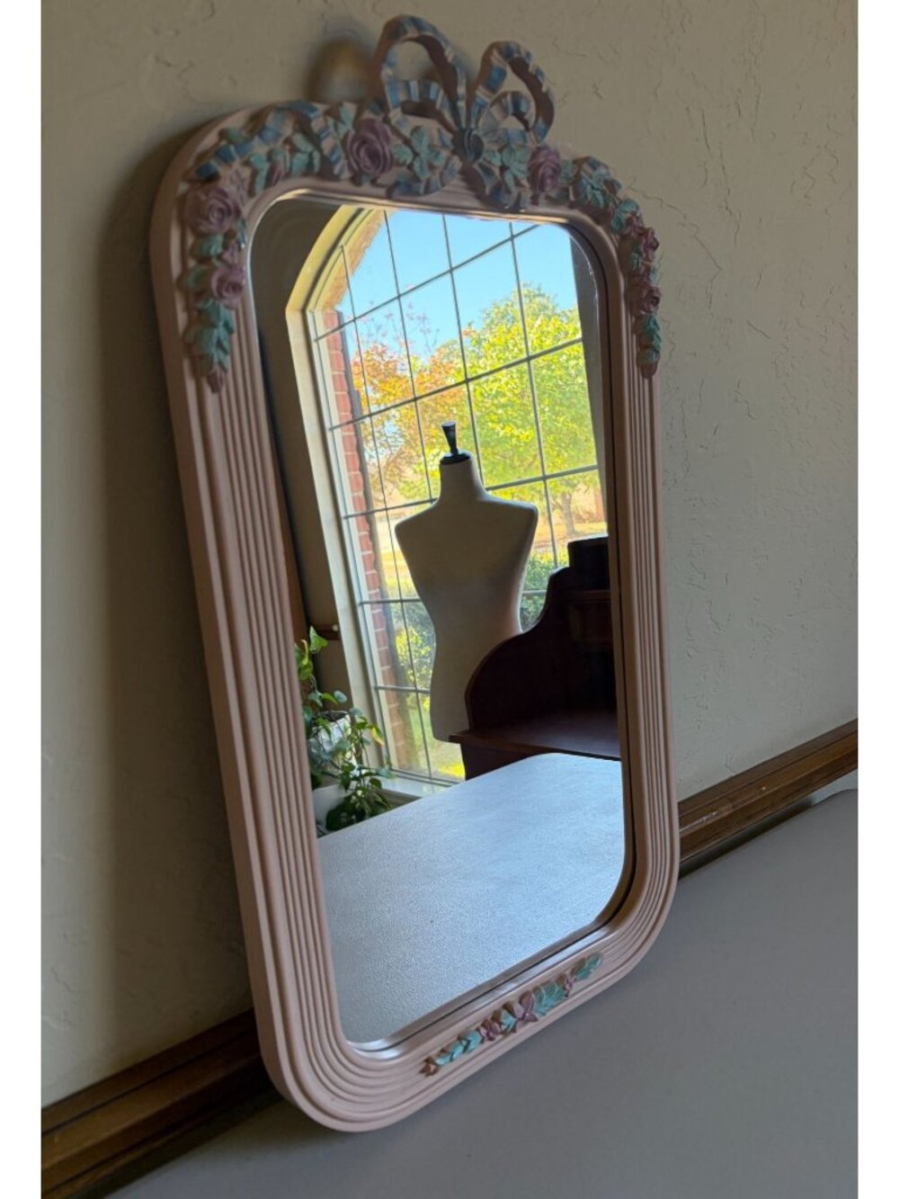 Vintage Homco Pink Floral Bow Roses Resin Frame Wall Hanging Mirror Rectangle